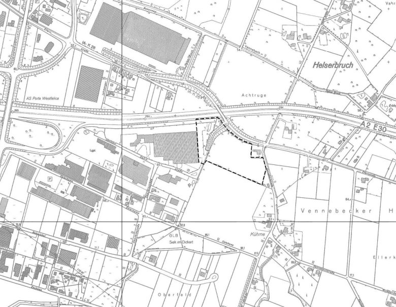 Lageplan zur Festsetzung eines Gewerbegebietes in der Gemarkung Vennebeck, Flur 5