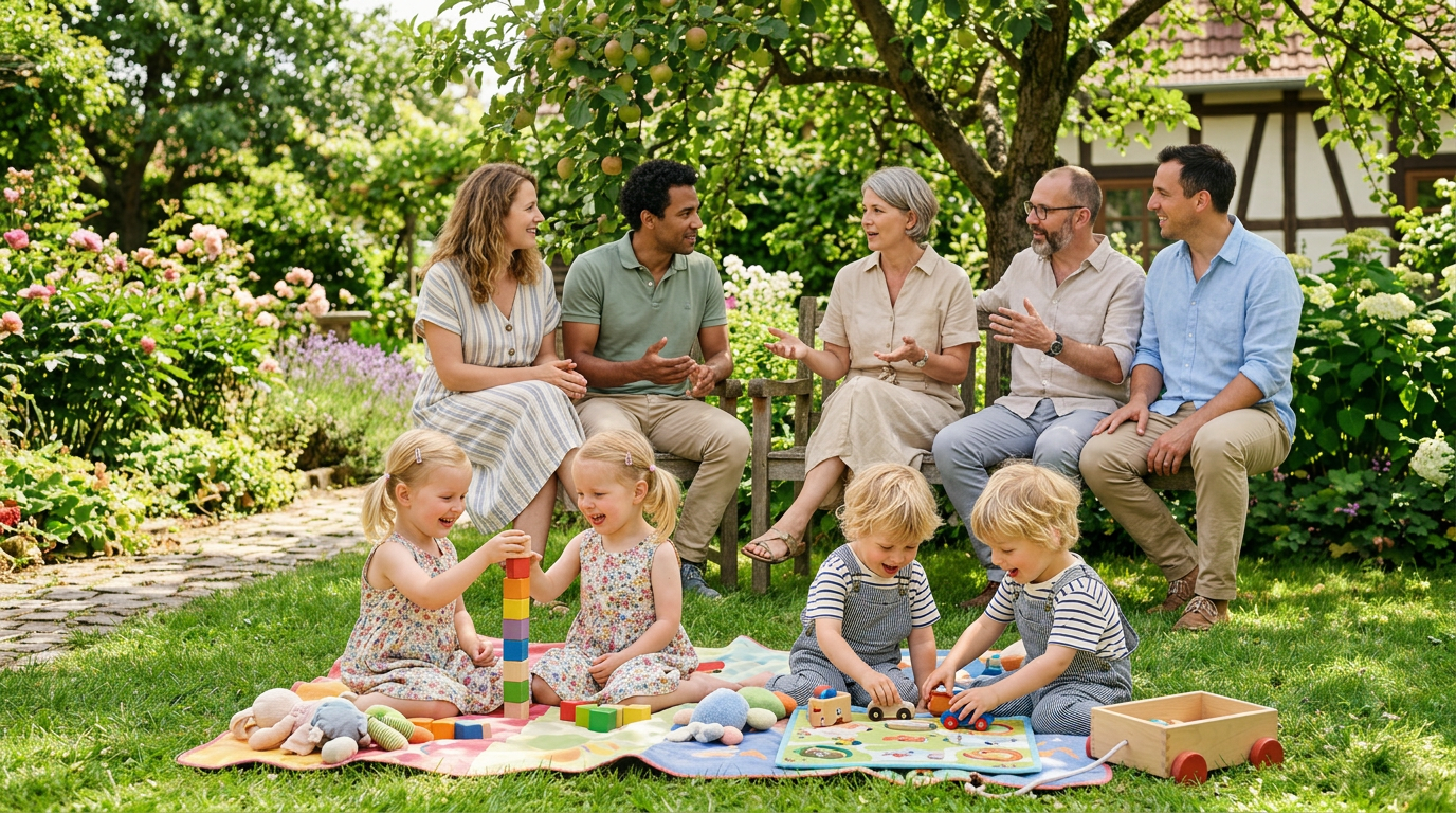 Eine Gruppe von Erwachsenen unterhält sich auf einer Bank im Grünen. Davor spielen Kinder mit Bauklötzen