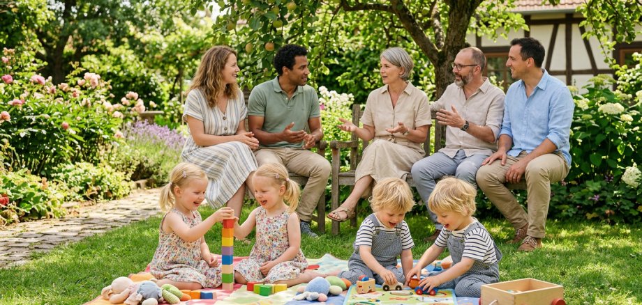 Eine Gruppe von Erwachsenen unterhält sich auf einer Bank im Grünen. Davor spielen Kinder mit Bauklötzen